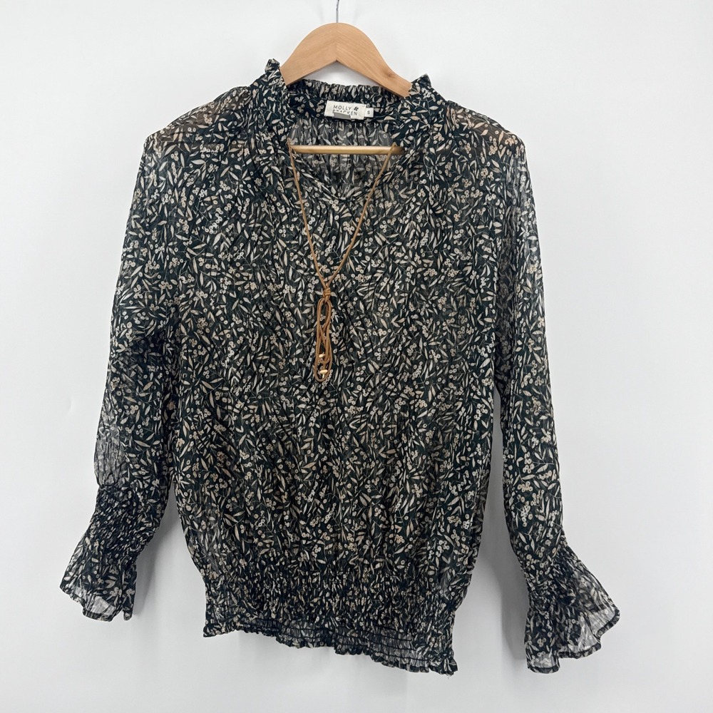 Molly Bracken Floral Sheer Blouse Smocked Ruffle Neck Long Sleeve Size Small